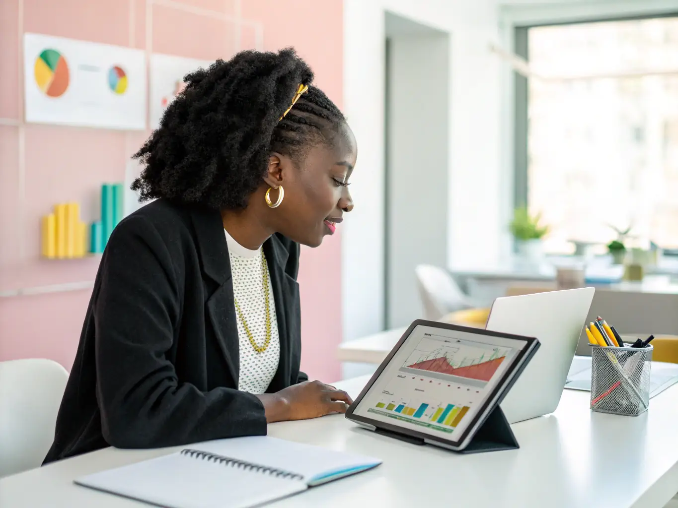 An online store owner reviewing a dashboard on a tablet, showcasing real-time financial data and key performance indicators, representing the benefit of informed decision-making.