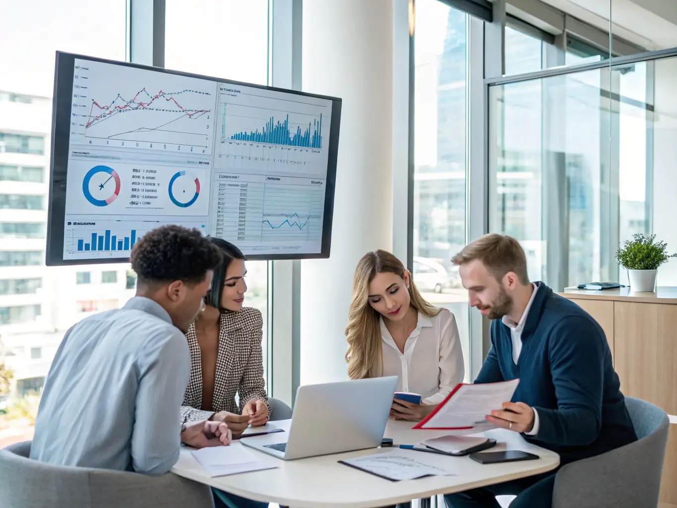 A team of financial analysts collaborating on a project, using advanced software to analyze data and generate insights, representing the Pro plan's advanced analytics and support features.