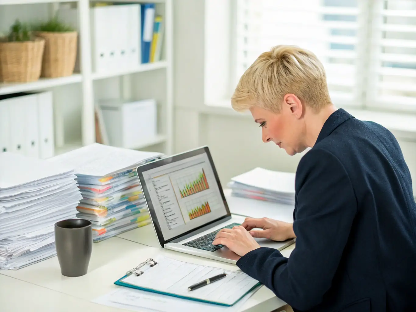 A professional accountant analyzing financial reports on a computer screen, with charts and graphs visible in the background, representing the benefit of detailed financial reporting.
