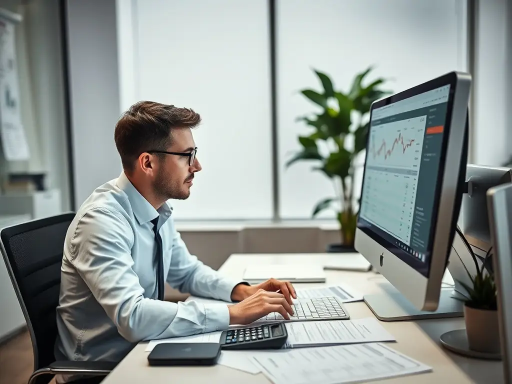 A professional accountant analyzing financial reports on a computer screen, with charts and graphs visible in the background, representing the Basic plan's expense tracking and reporting features.